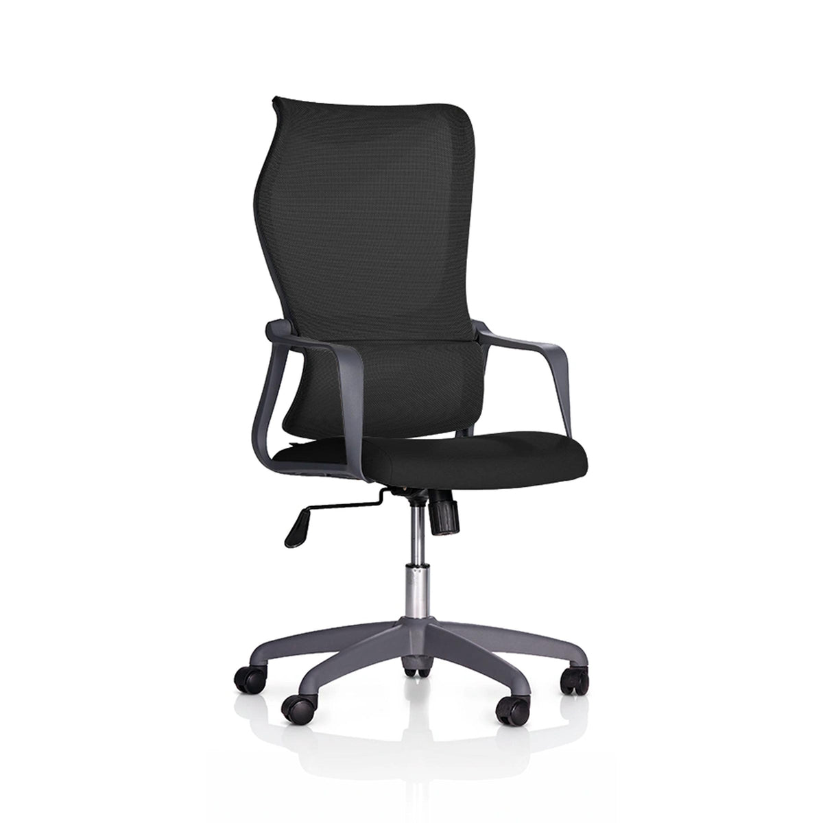 Noble Executive Chair in black with breathable mesh backrest, cushioned seat and fixed armrests for a modern office desk.
