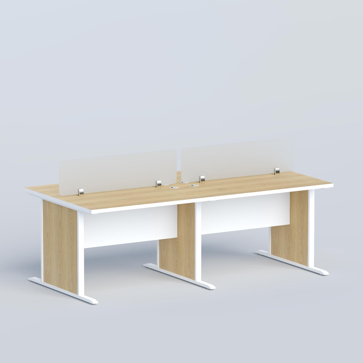 Modern Novar four-person office workstation with spacious desktops, privacy panels and strong metal legs for corporate offices.