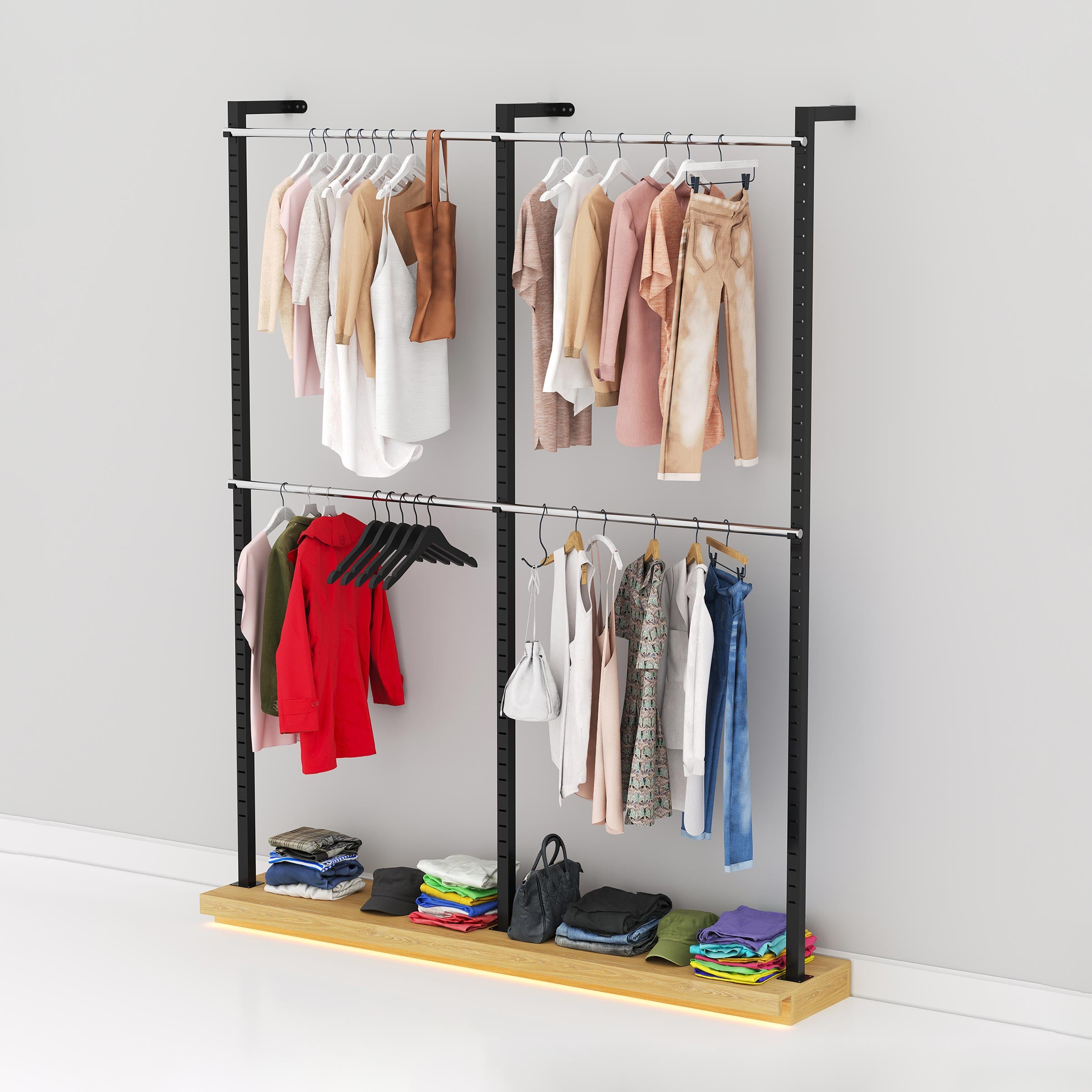 Olira commercial clothing rack with a slim vertical structure and wide display capacity for boutiques, showrooms and buying houses.