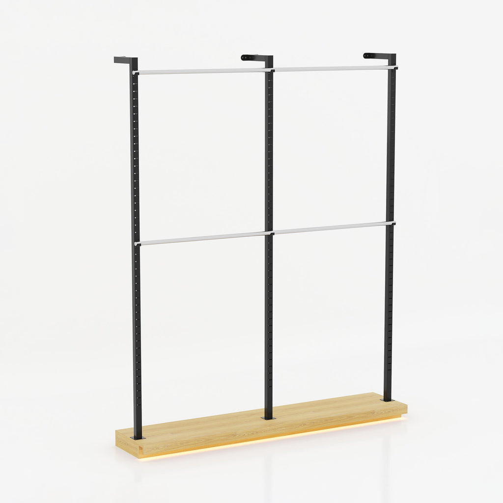 Olira Cloth Stand with double-level stainless steel hanging rails and a wide LB board base for professional boutique garment display.