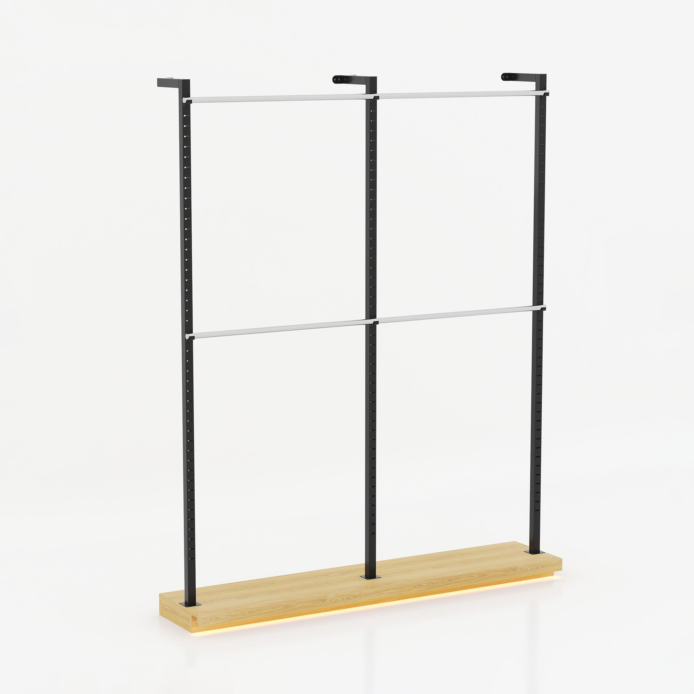 Olira Cloth Stand with double-level stainless steel hanging rails and a wide LB board base for professional boutique garment display.