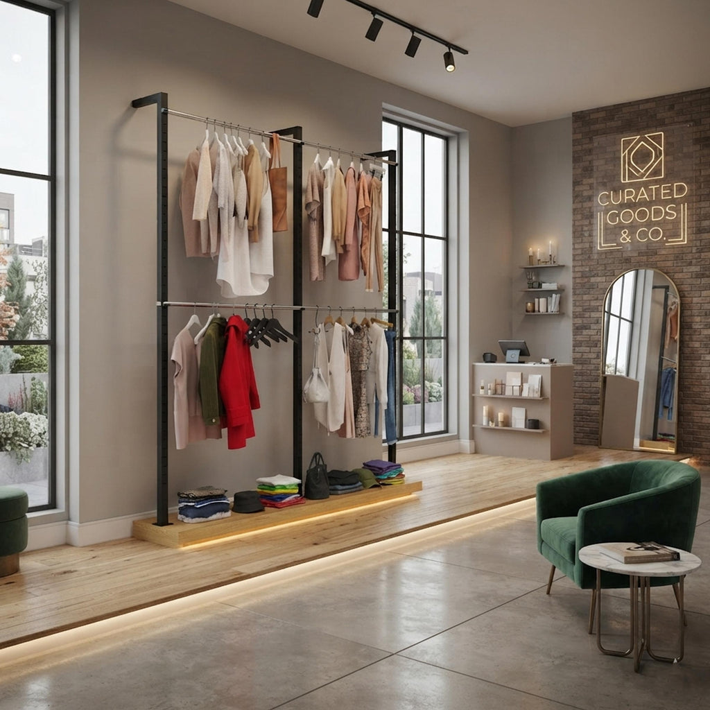 Large Olira retail clothing rack with adjustable hanging positions, wall supports and two rails for organized fashion collections.