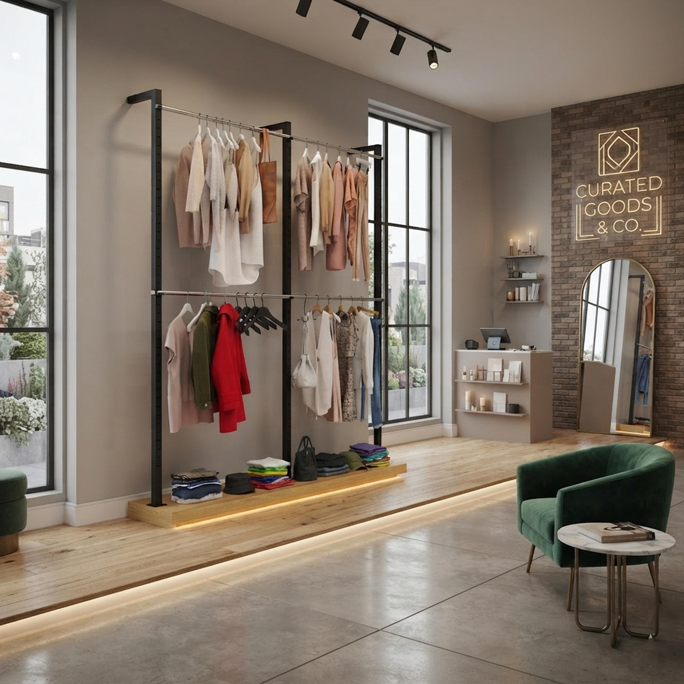 Large Olira retail clothing rack with adjustable hanging positions, wall supports and two rails for organized fashion collections.