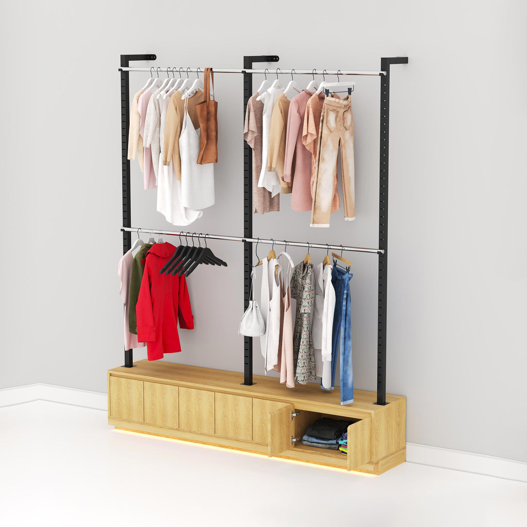 Olvar retail garment rack with adjustable hanging positions, a slim vertical design and generous storage for clothing collections.
