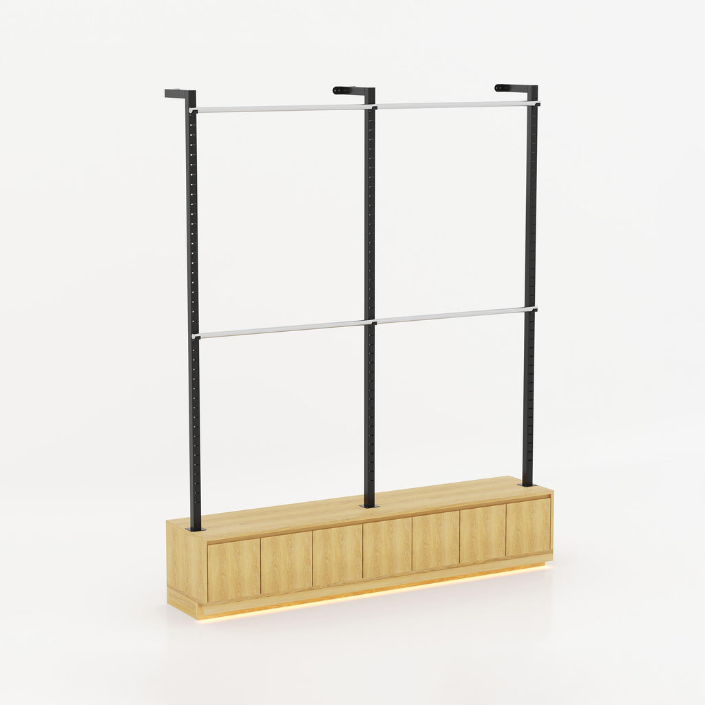 Olvar Cloth Stand with double stainless steel hanging rails and a built-in storage cabinet for modern boutique garment displays.