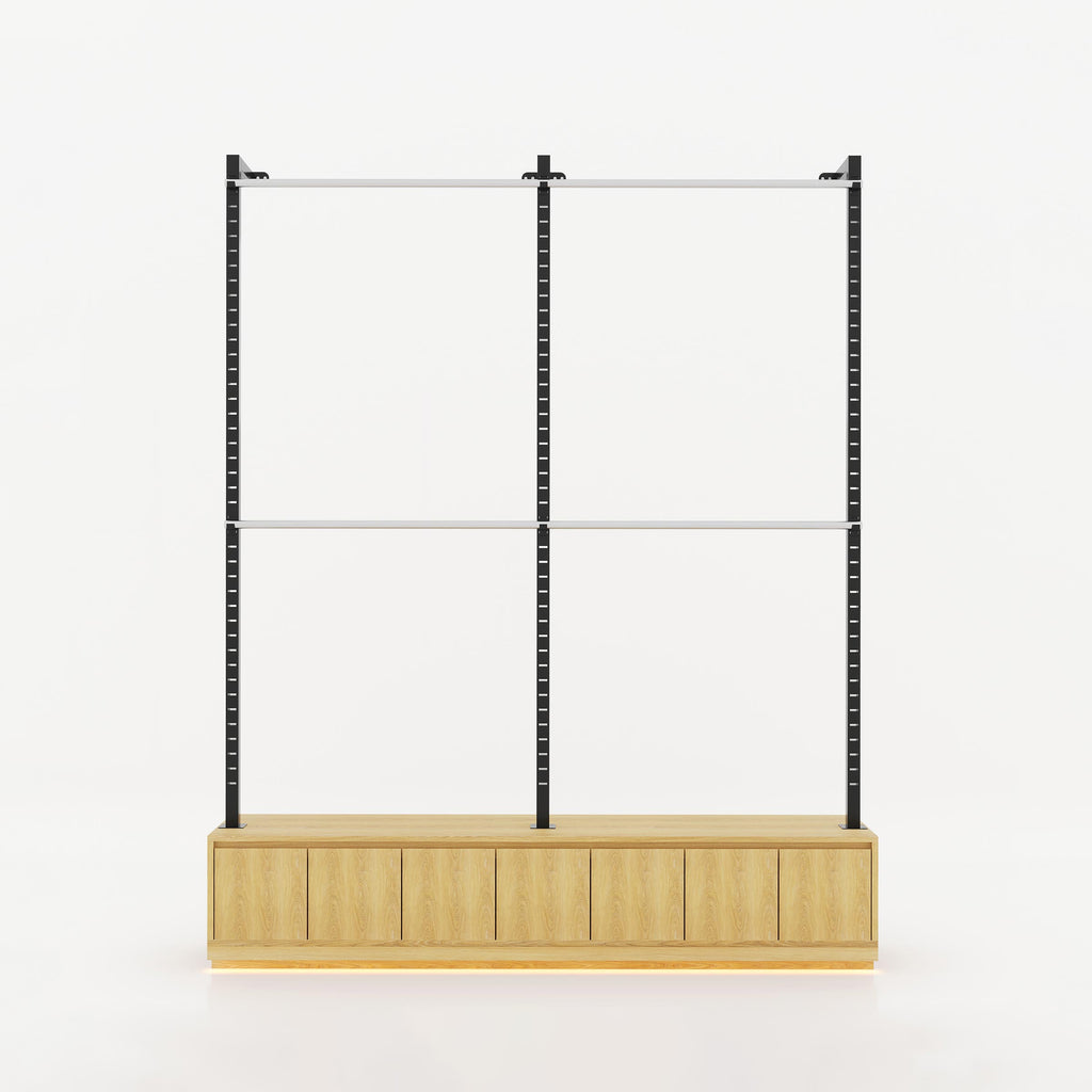 Olvar boutique cloth stand with two-level garment rails, slotted uprights and wood-finish storage for professional clothing displays.