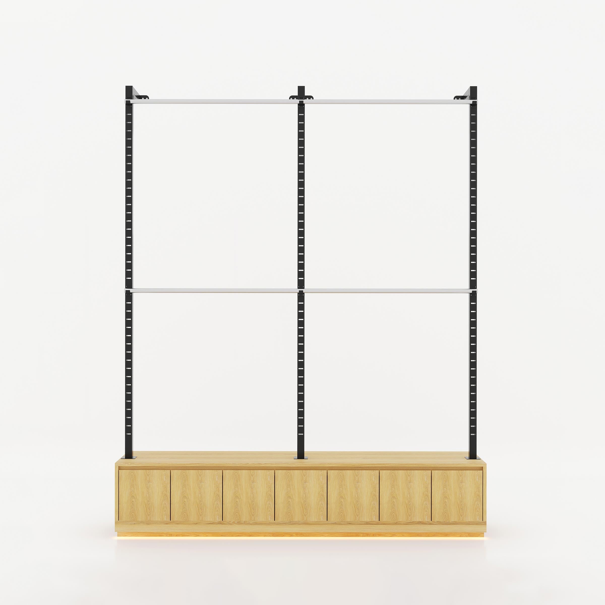 Olvar boutique cloth stand with two-level garment rails, slotted uprights and wood-finish storage for professional clothing displays.