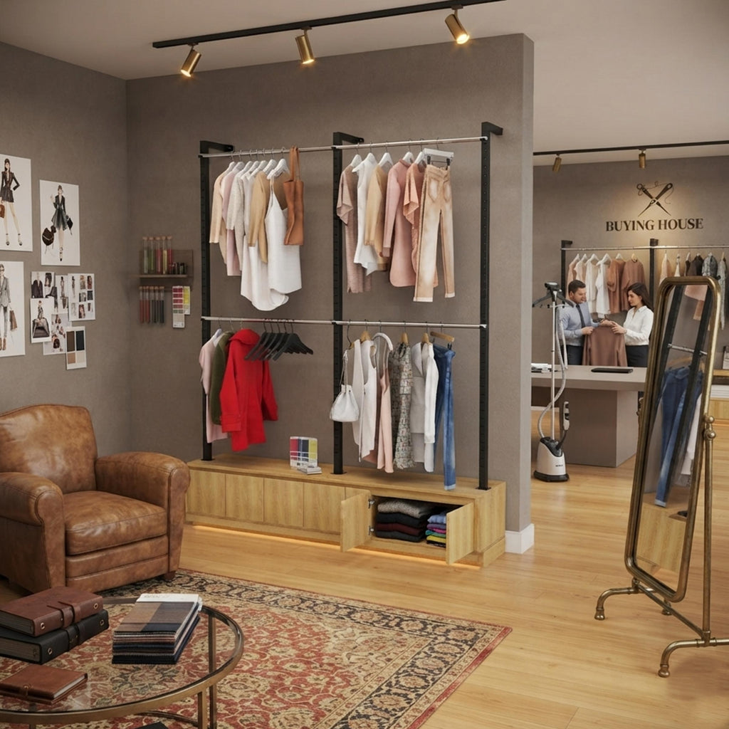 Large Olvar retail clothing rack featuring a tall wall-supported metal frame and lower cabinet for organized fashion merchandise.