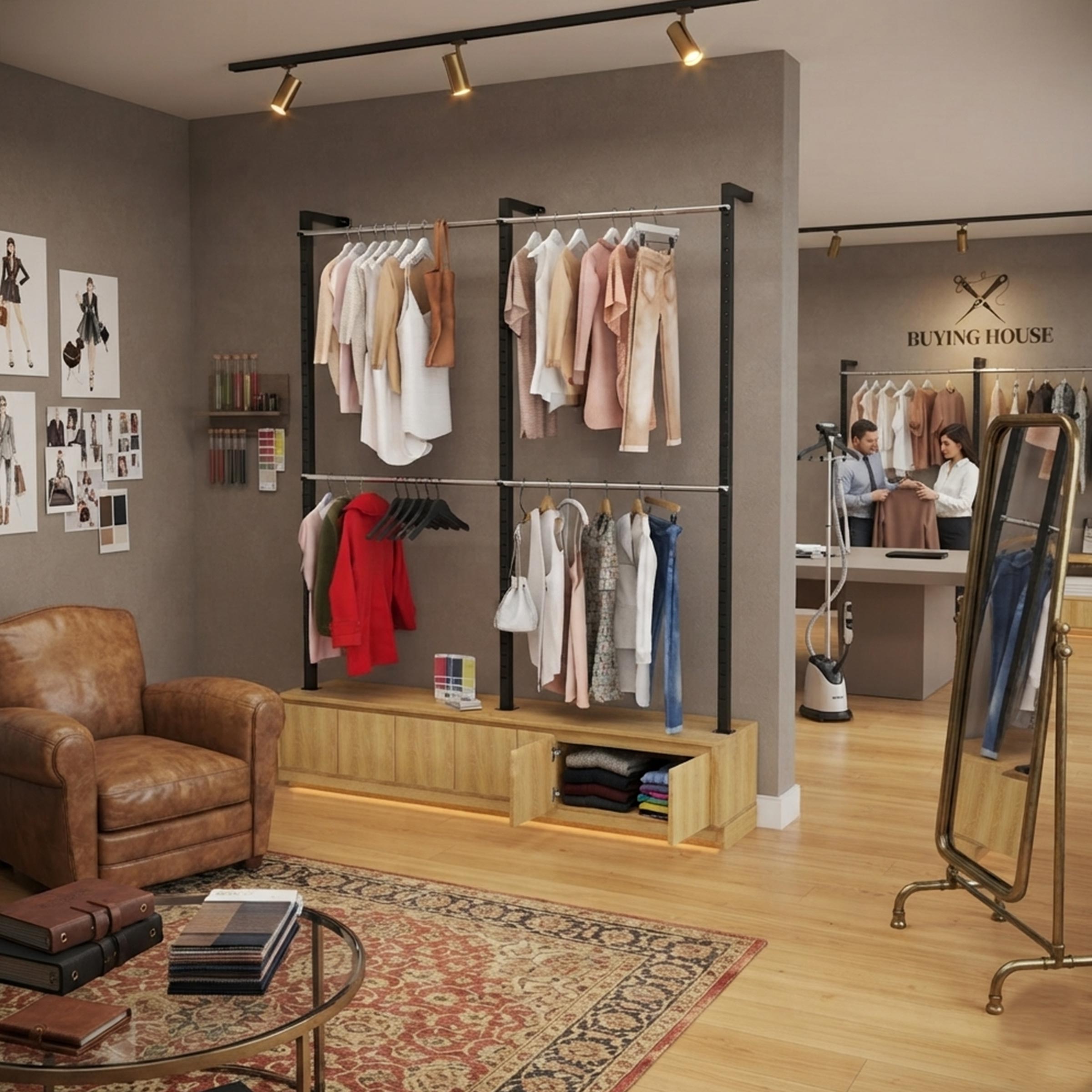 Large Olvar retail clothing rack featuring a tall wall-supported metal frame and lower cabinet for organized fashion merchandise.