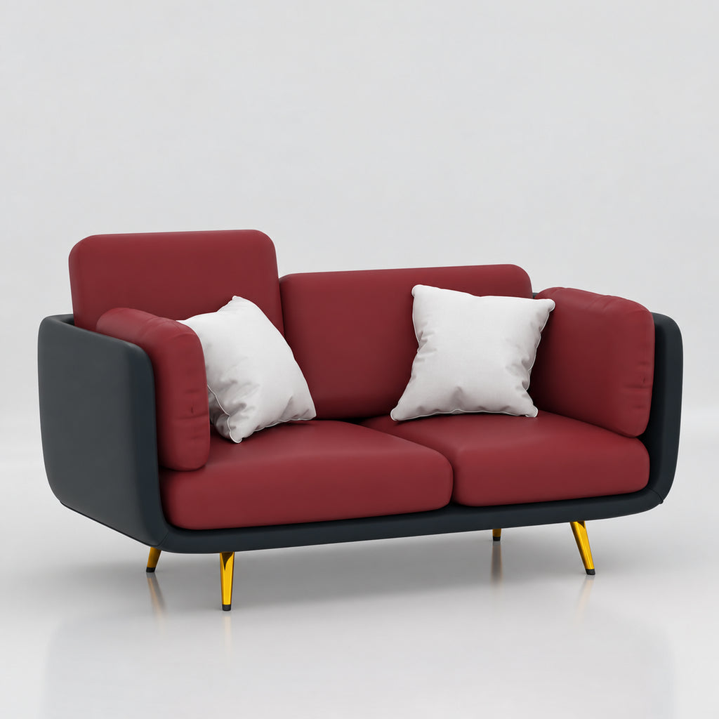 Oryvex two-seat sofa with red cushions, a dark frame and gold-coloured legs.