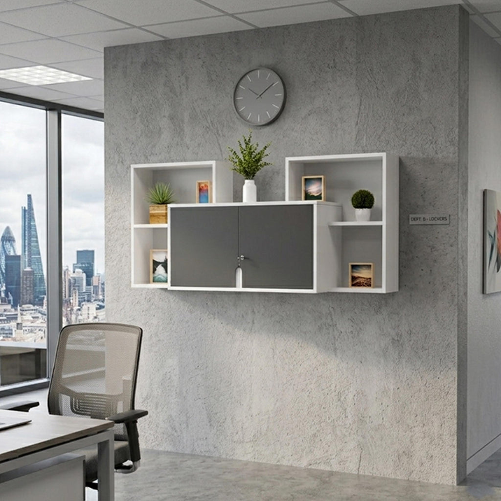 Overhanging hanging file cabinet wall mounted office storage with modern design.