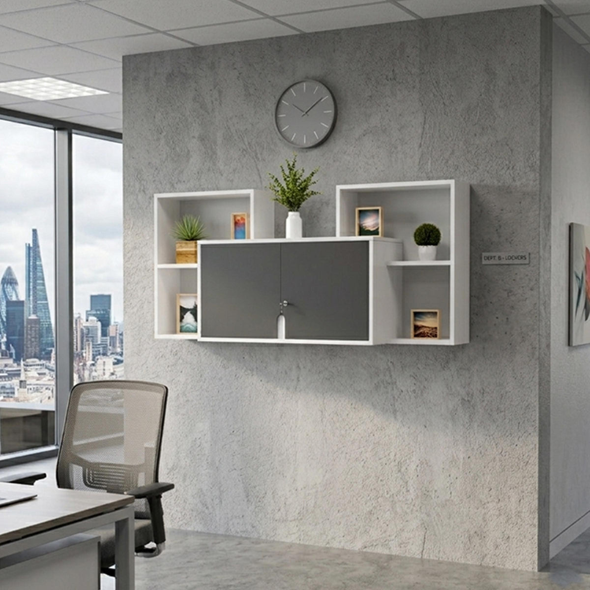 Overhanging hanging file cabinet wall mounted office storage with modern design.