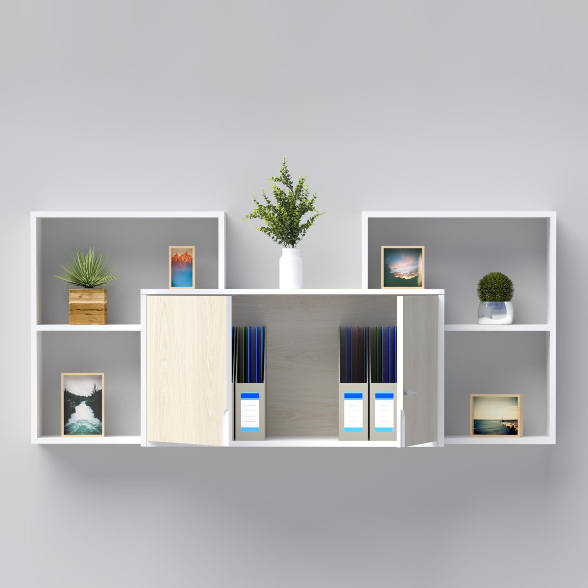 Overhanging hanging file cabinet wall mounted office storage with modern design.