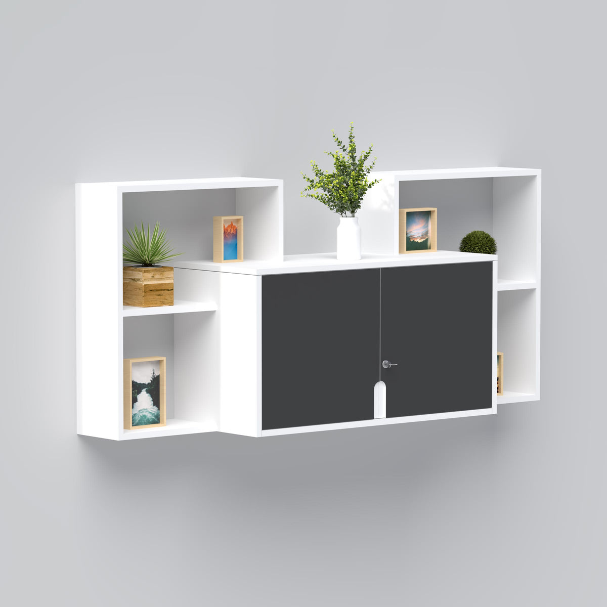 Contemporary wall cabinet with file storage and display shelves for office interiors.