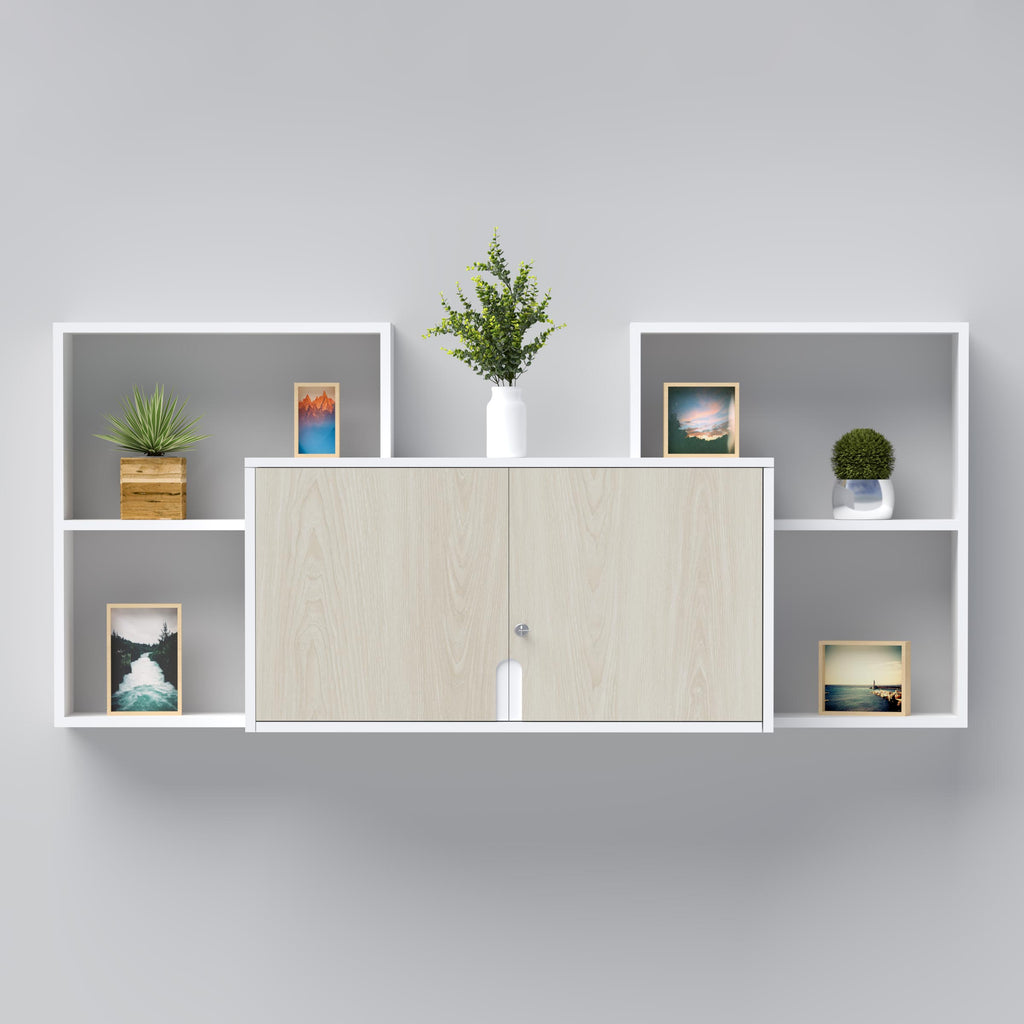 Executive office hanging file cabinet with closed storage and open shelves.