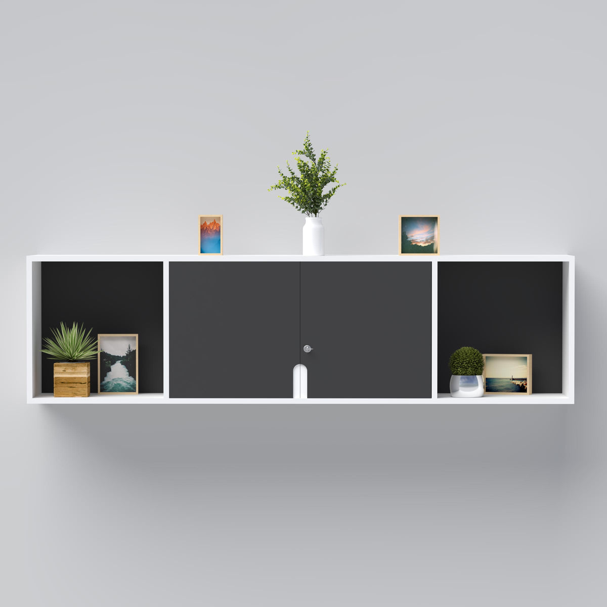 Modern floating file cabinet with laminated board for office document storage.