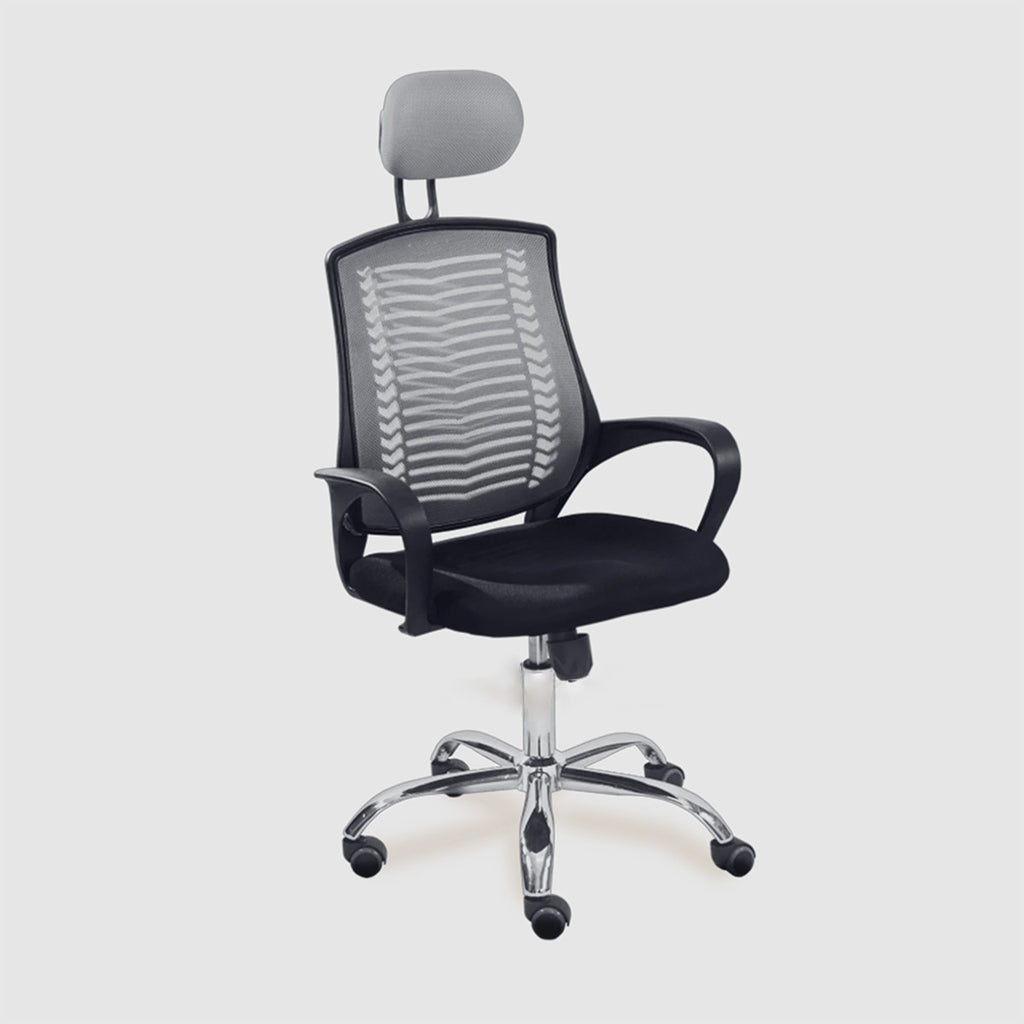 Piura chair with a grey mesh back, grey headrest and black seat.