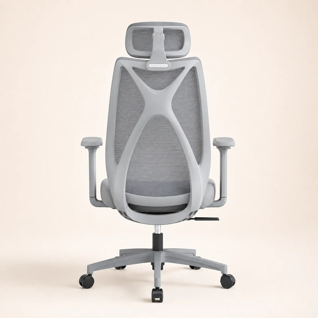 Grey Prime Ergonomic Chair with breathable mesh back, padded seat, headrest and smooth wheels for modern offices.