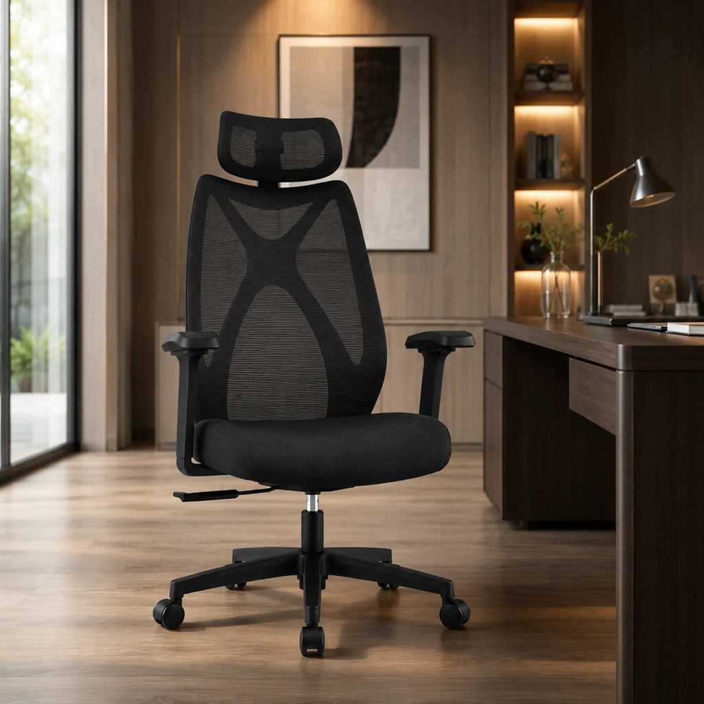 Black Prime Ergonomic Chair in a premium home office with breathable mesh, headrest and adjustable seat height.