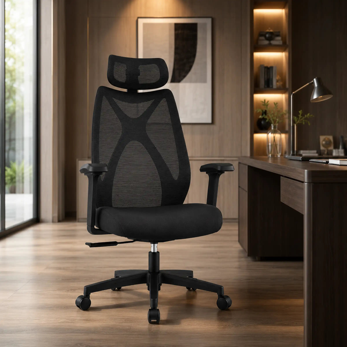 Black Prime Ergonomic Chair in a premium home office with breathable mesh, headrest and adjustable seat height.