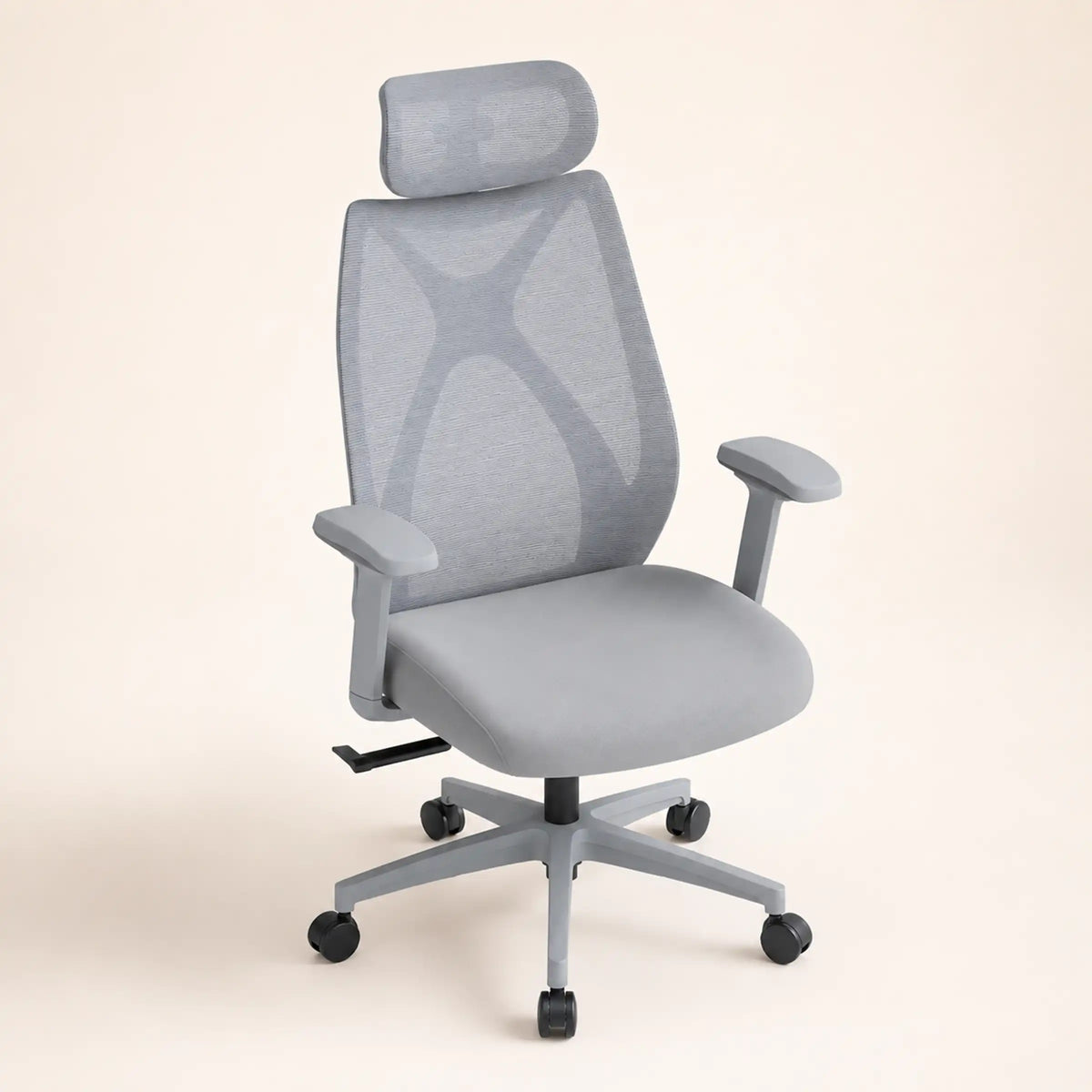 Rear view of grey Prime Ergonomic Chair showing durable PVC shell, mesh back support and five-star caster base.