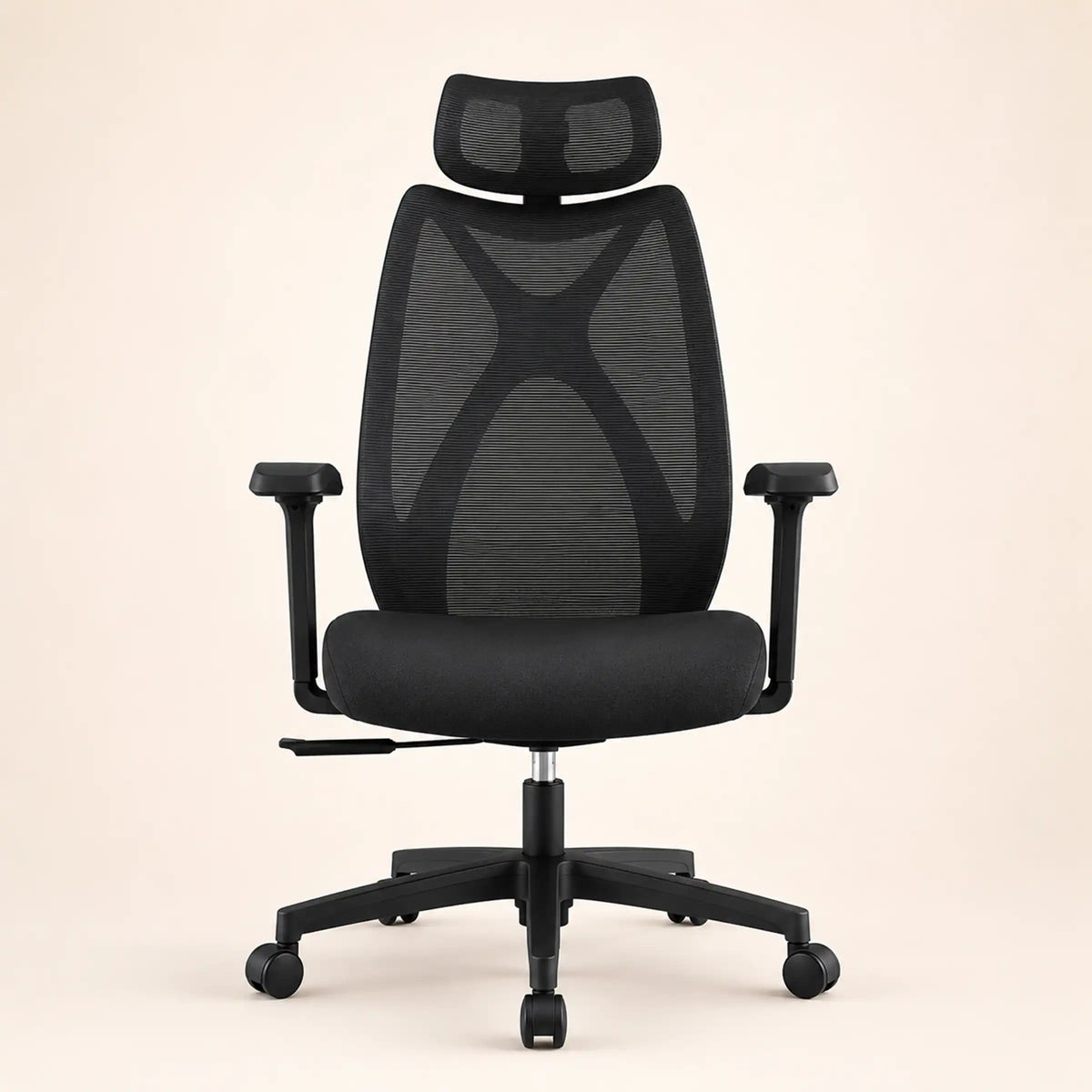 Front view of black Prime Ergonomic Chair with high mesh back, supportive headrest, armrests and five-star base.