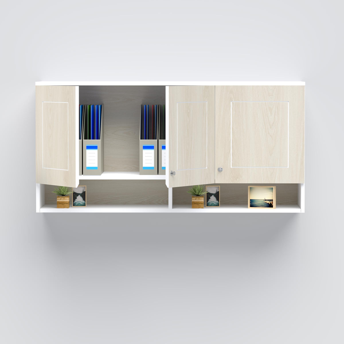 Resultant wall cabinet with one door open and files on the shelf.