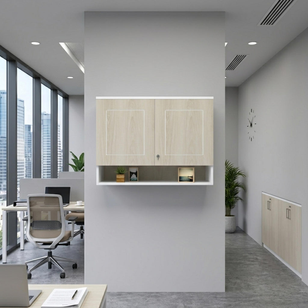 Stylish floating storage cabinet for files, folders, and office essentials.