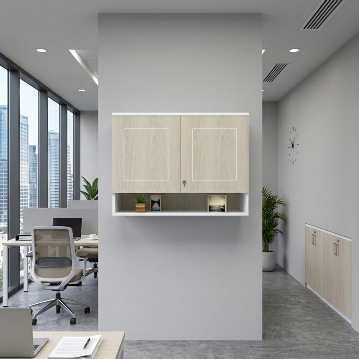 Stylish floating storage cabinet for files, folders, and office essentials.