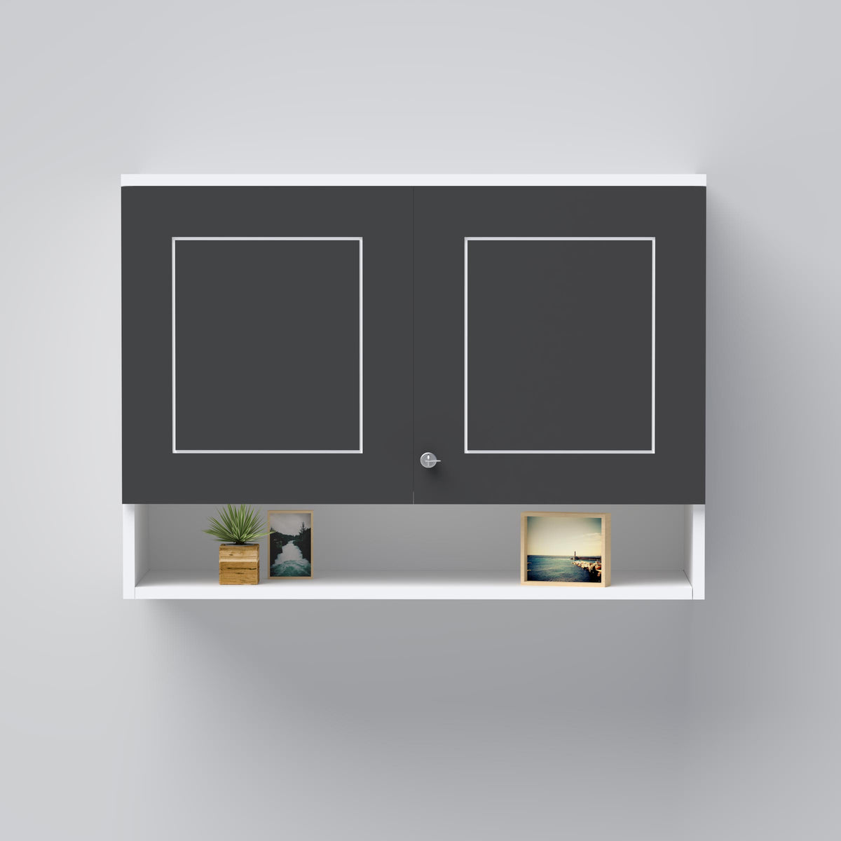 Compact wall mounted file cabinet with laminated board for office organization.