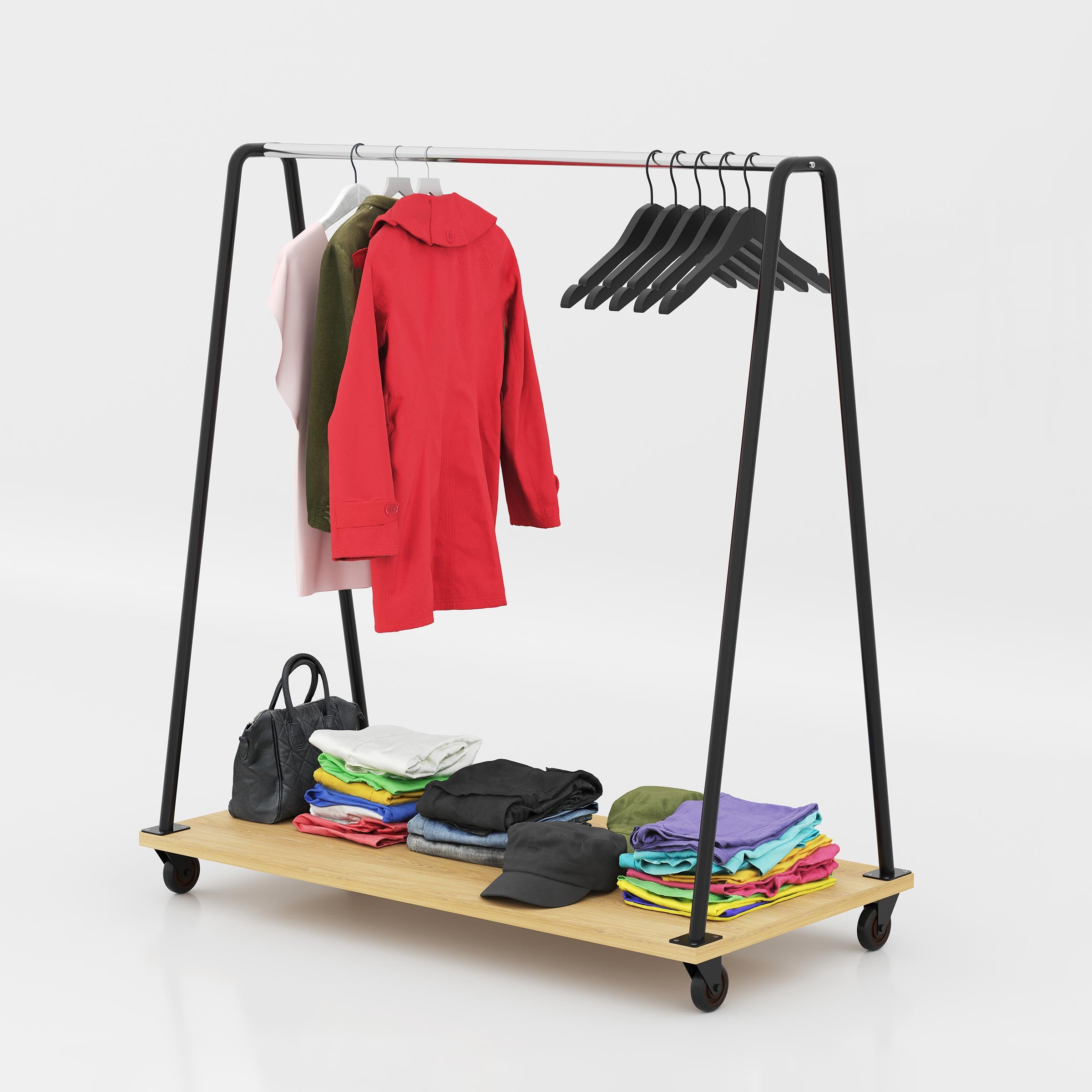 Romar garment rack featuring a black MS tube frame, spacious hanging rail and lower shelf for clothes, bags and accessories.