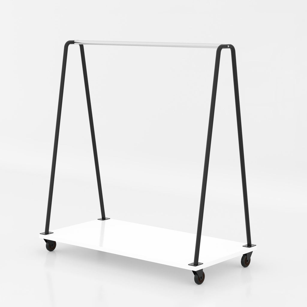 Romar mobile cloth stand with stainless steel hanging rail, LB board base and wheels for boutique garment display and storage.