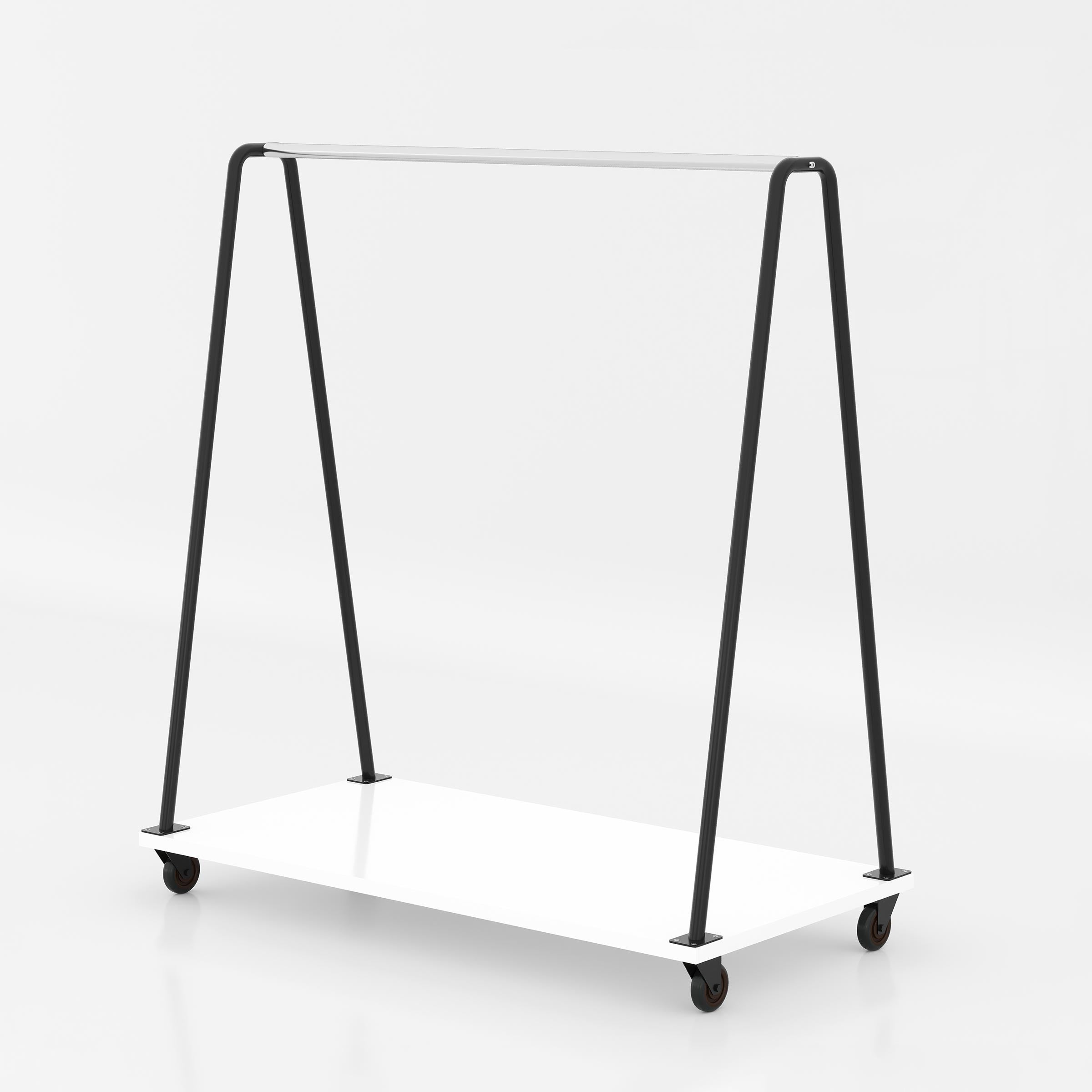 Romar mobile cloth stand with stainless steel hanging rail, LB board base and wheels for boutique garment display and storage.