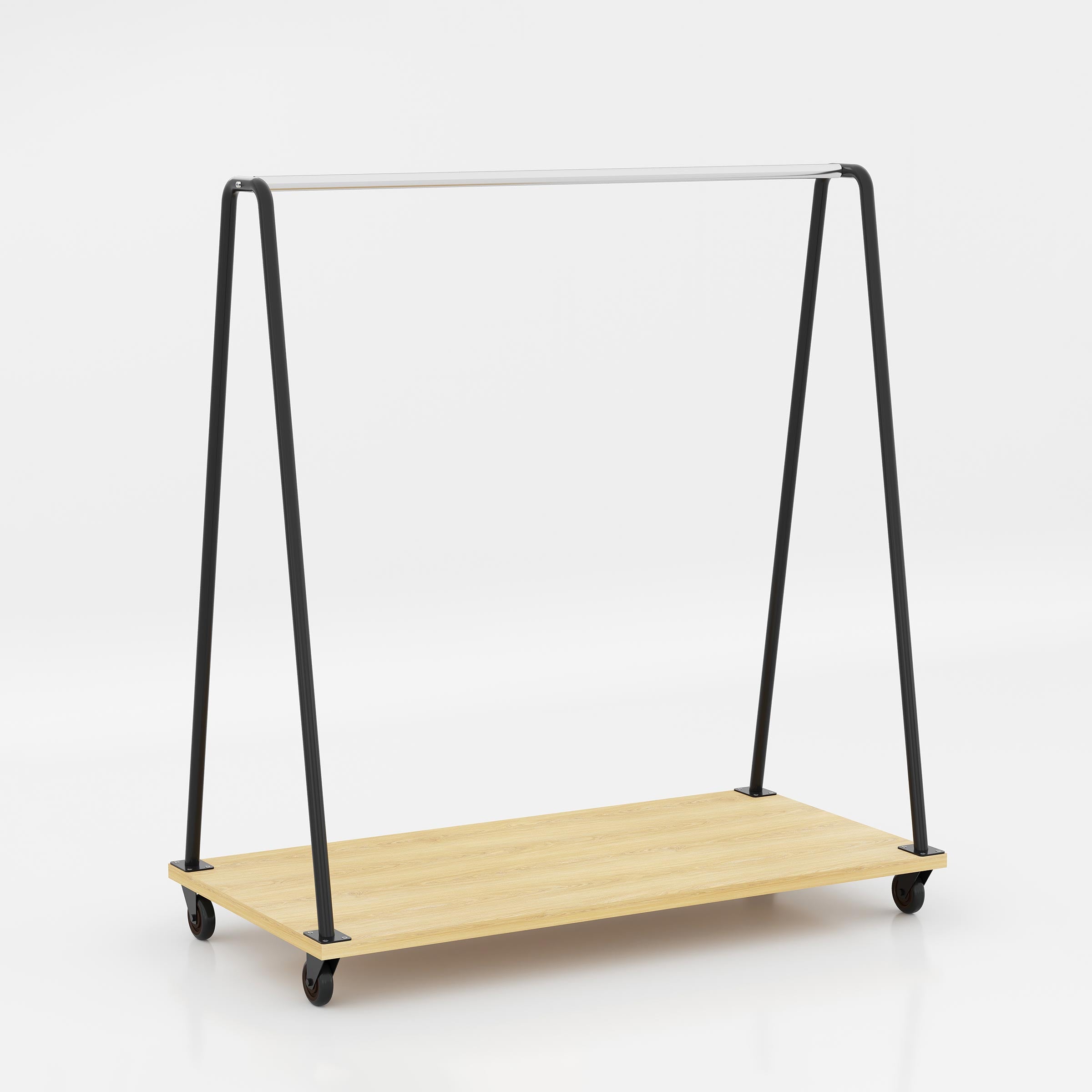 Romar clothing display rack with stainless steel rail, wood-finish platform and four wheels for easy movement in retail spaces.