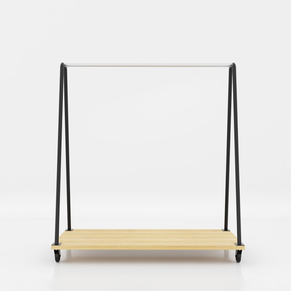 Modern Romar mobile garment stand with strong metal construction and a spacious lower shelf for boutique product presentation.