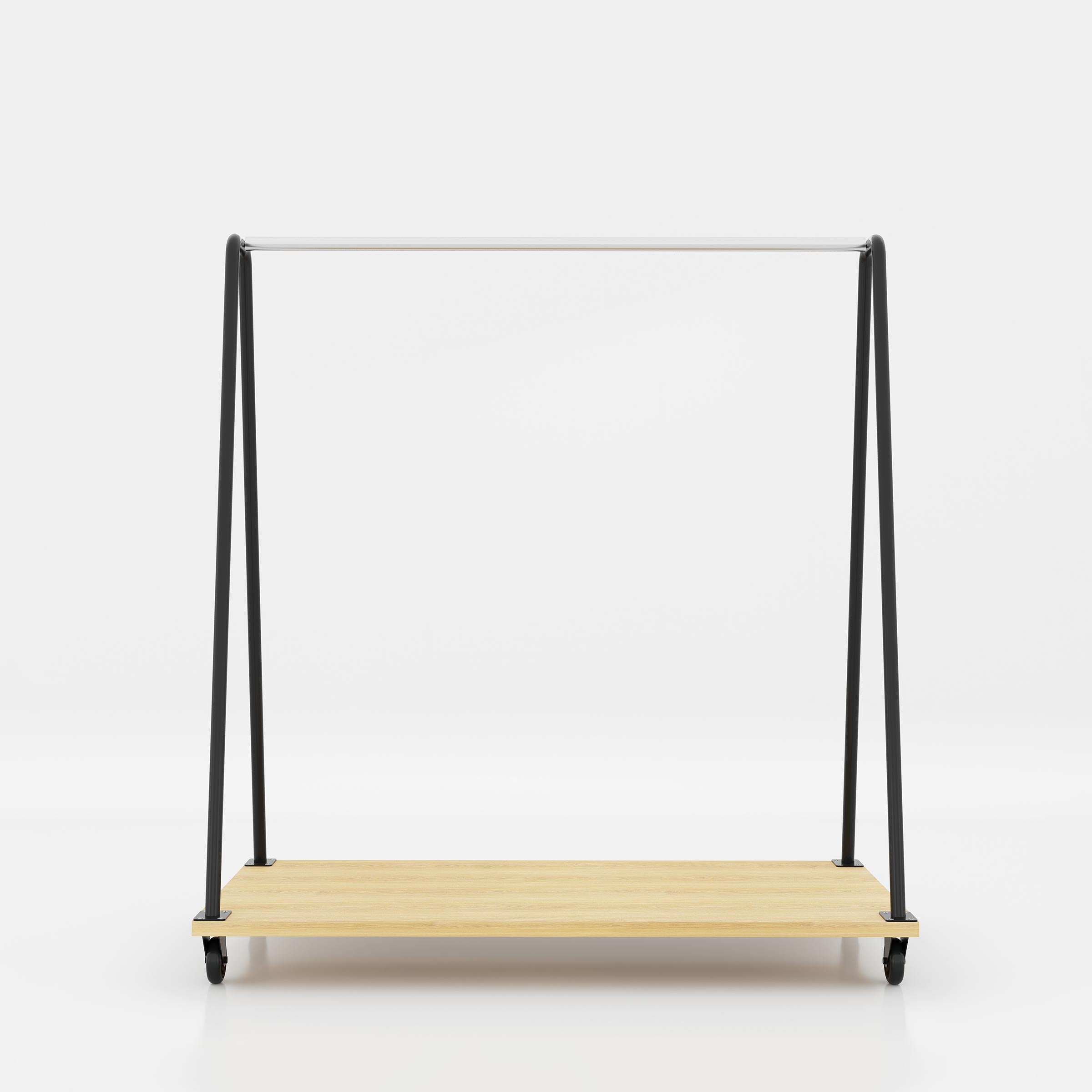 Modern Romar mobile garment stand with strong metal construction and a spacious lower shelf for boutique product presentation.