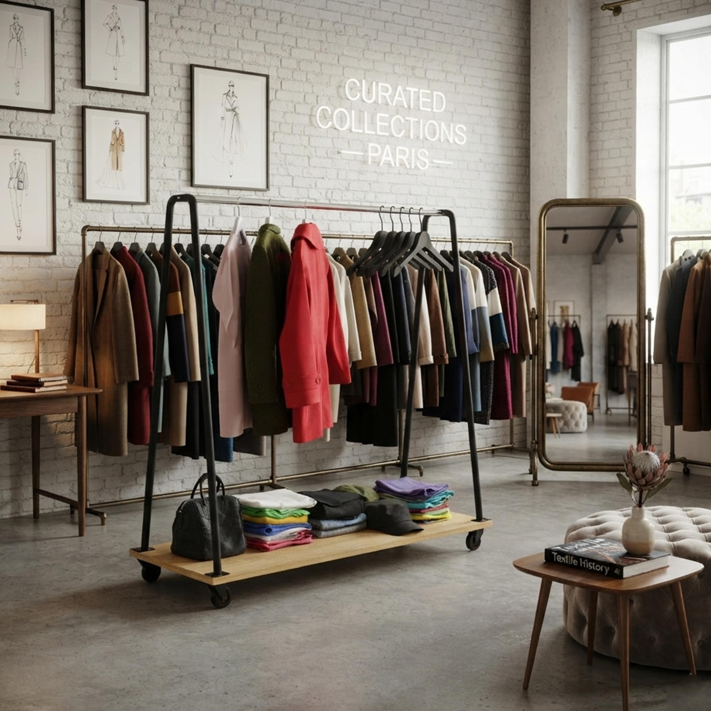 Open Romar garment display stand with hanging rail and mobile storage platform for jackets, dresses and fashion accessories.