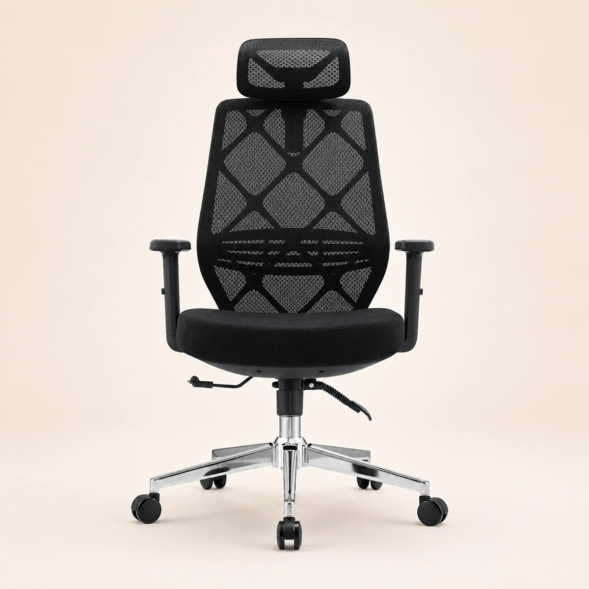 A black mesh ergonomic office chair with a headrest, adjustable armrests, and a chrome five-star wheeled base, shown against a solid light beige background.