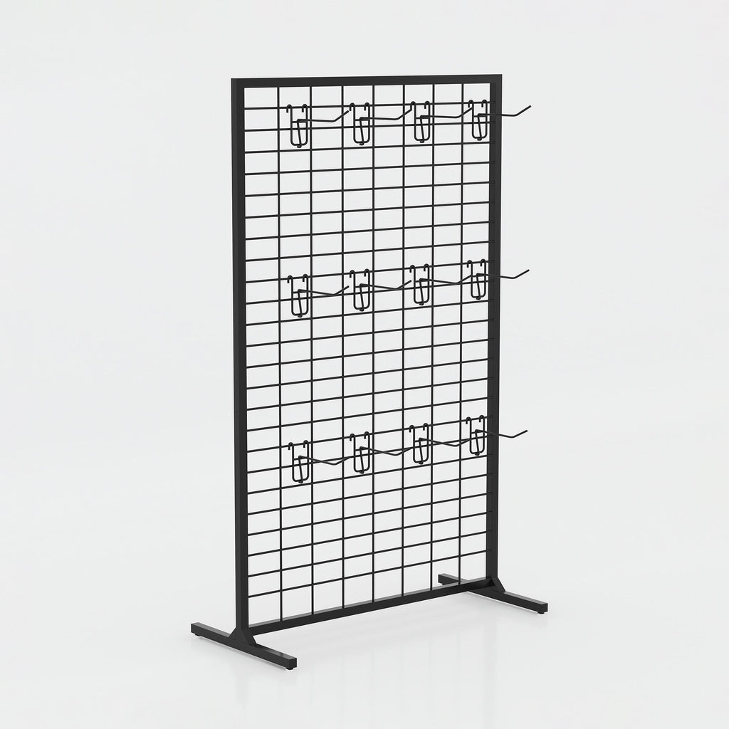 Talix Cloth Stand with metal grid panel, display hooks and stable floor base for retail shops and clothing displays.