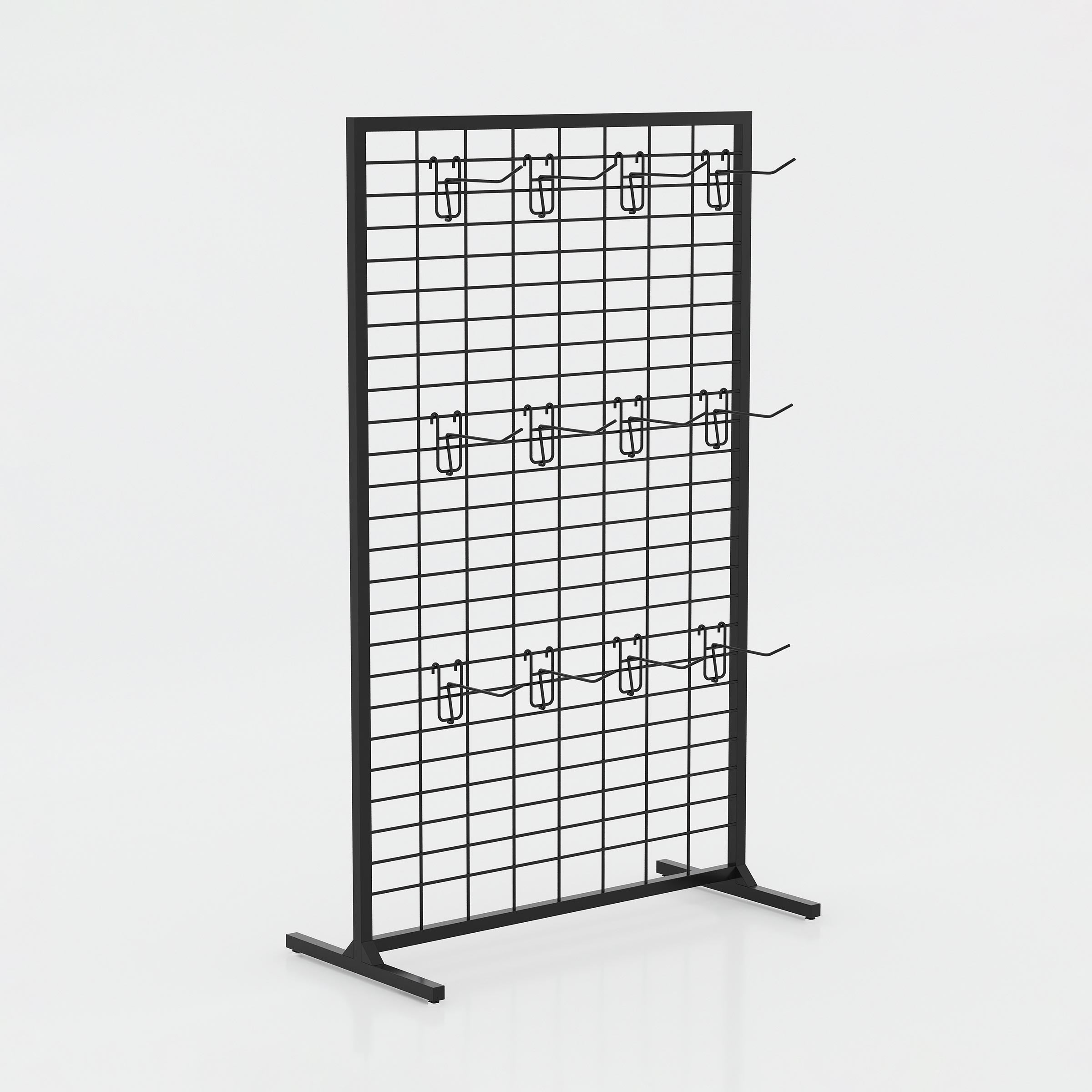 Talix Cloth Stand with metal grid panel, display hooks and stable floor base for retail shops and clothing displays.