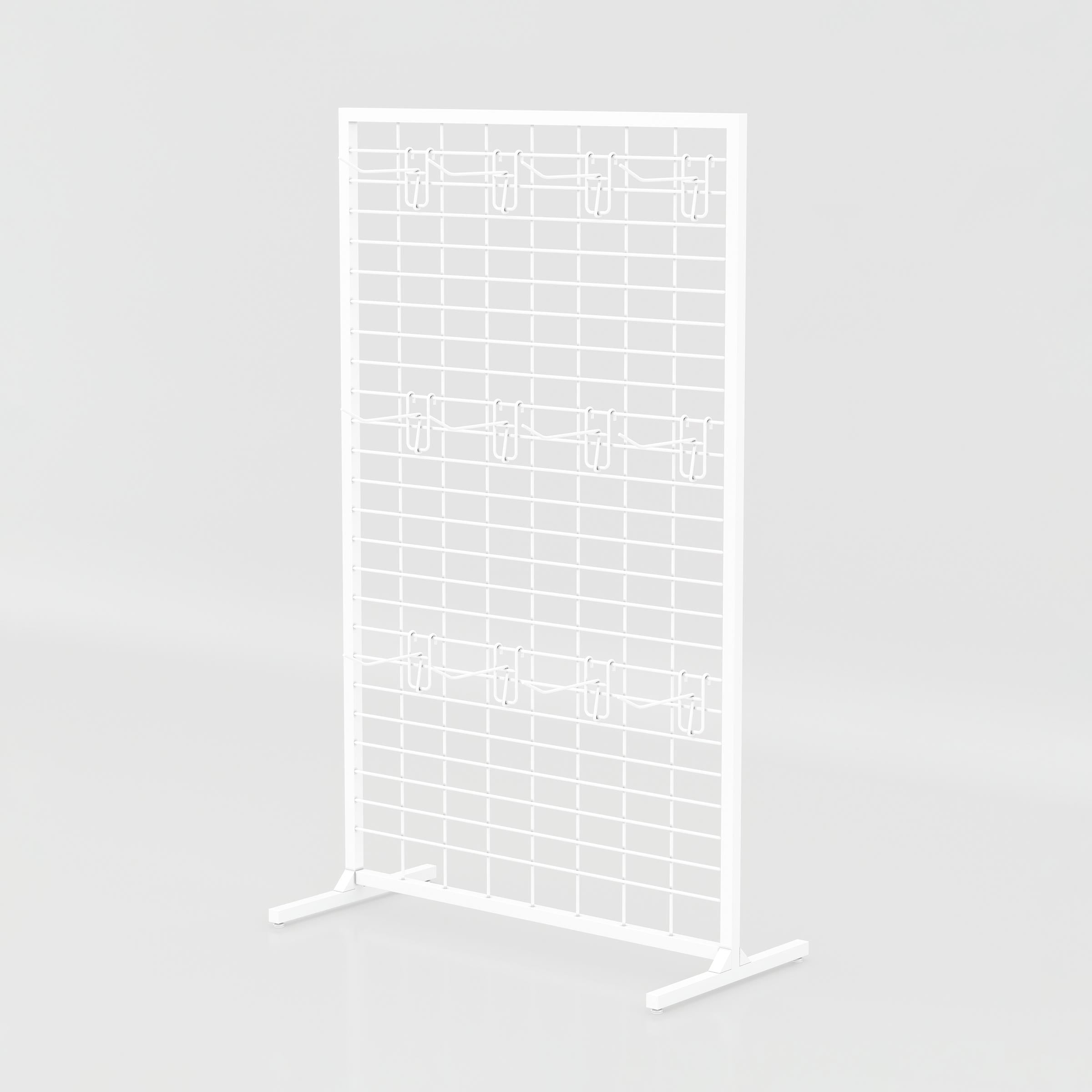 Freestanding Talix Cloth Stand for displaying clothes, bags and accessories with a durable MS grid panel and hooks.