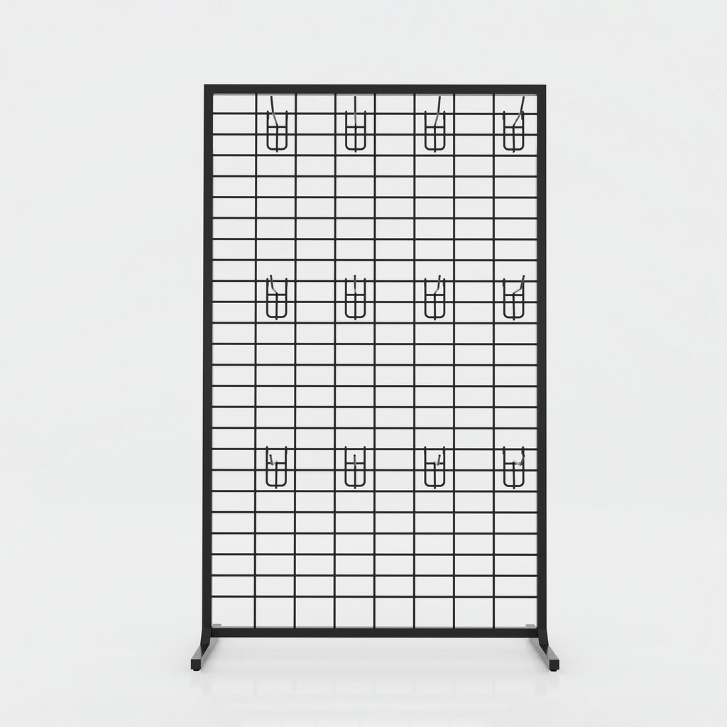 Modern metal cloth display stand with multiple hanging hooks, compact footprint and tall grid design for retail use.