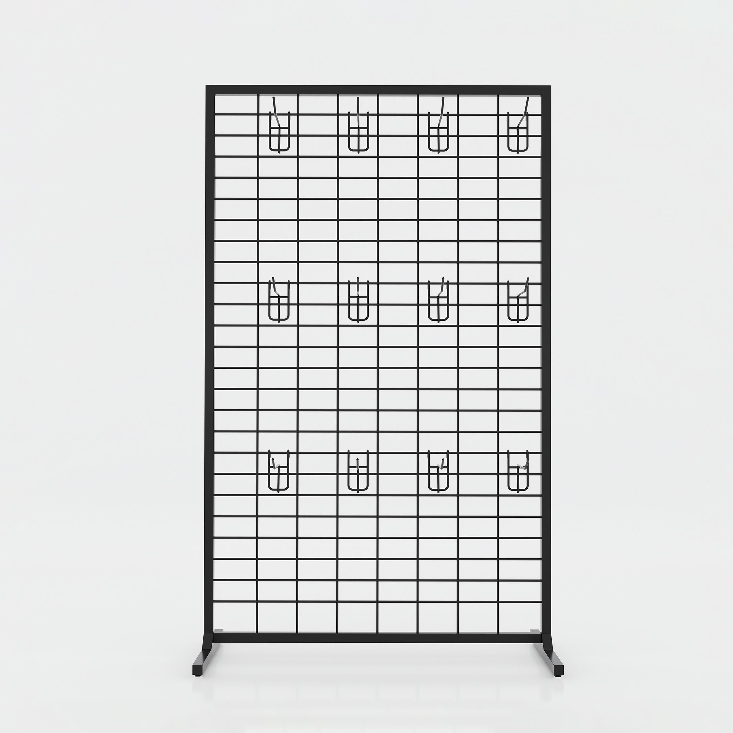 Modern metal cloth display stand with multiple hanging hooks, compact footprint and tall grid design for retail use.