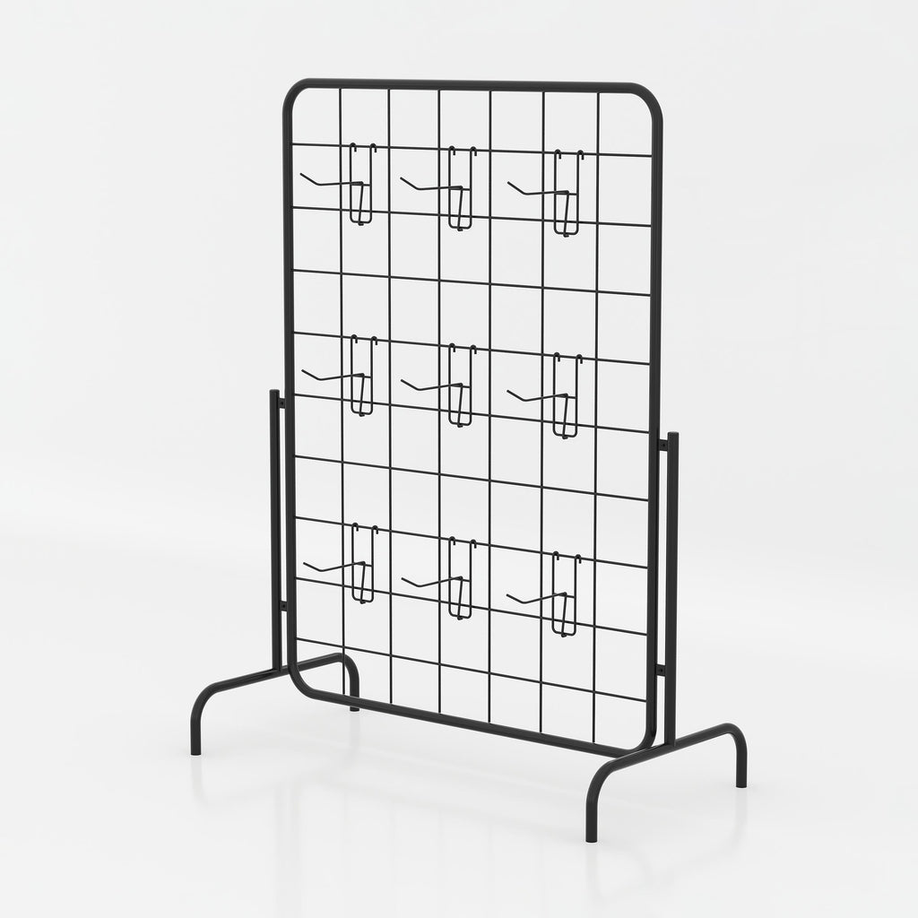 Telor Cloth Stand with a wide metal grid panel and nine hooks for displaying garments, accessories and retail products in boutiques.
