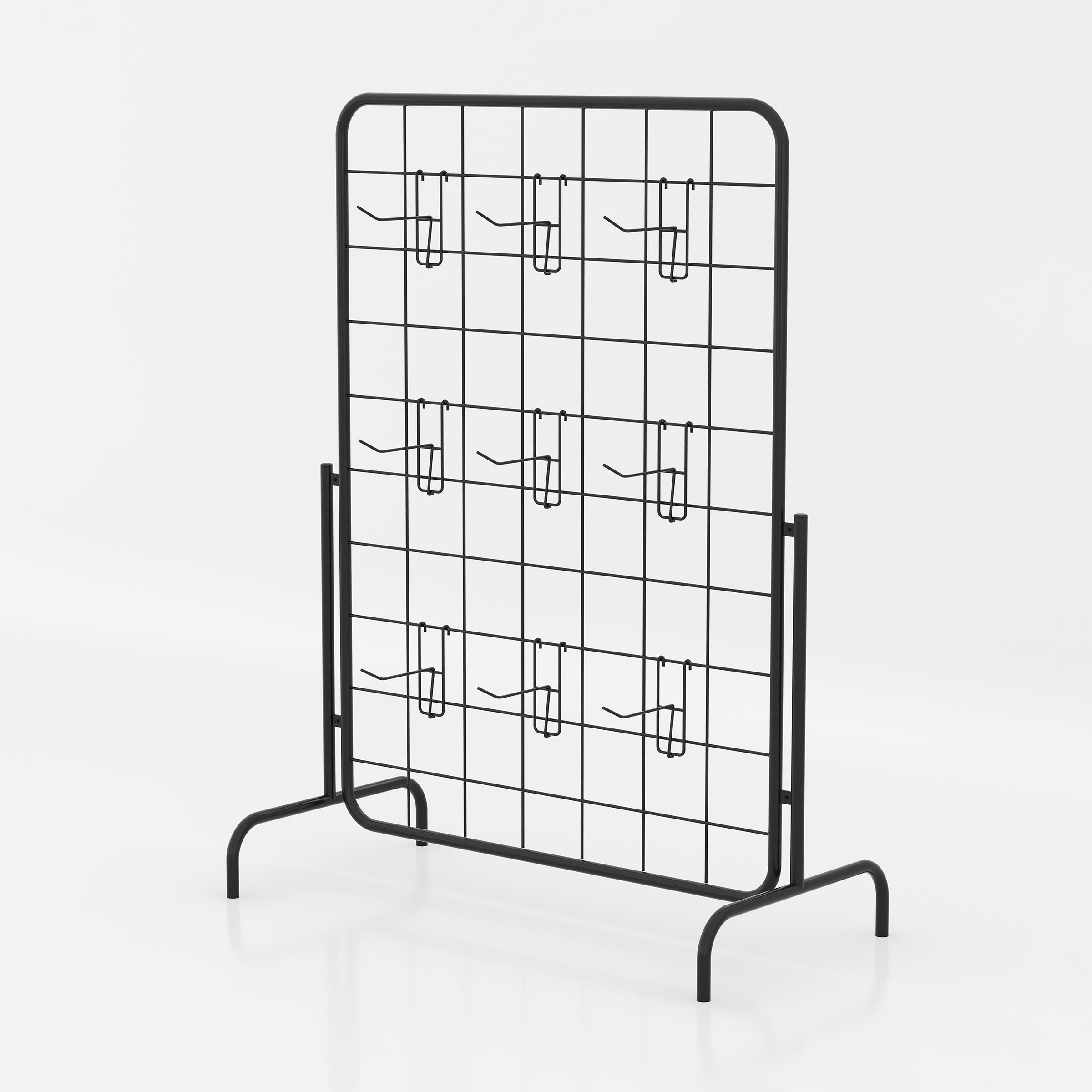 Telor Cloth Stand with a wide metal grid panel and nine hooks for displaying garments, accessories and retail products in boutiques.