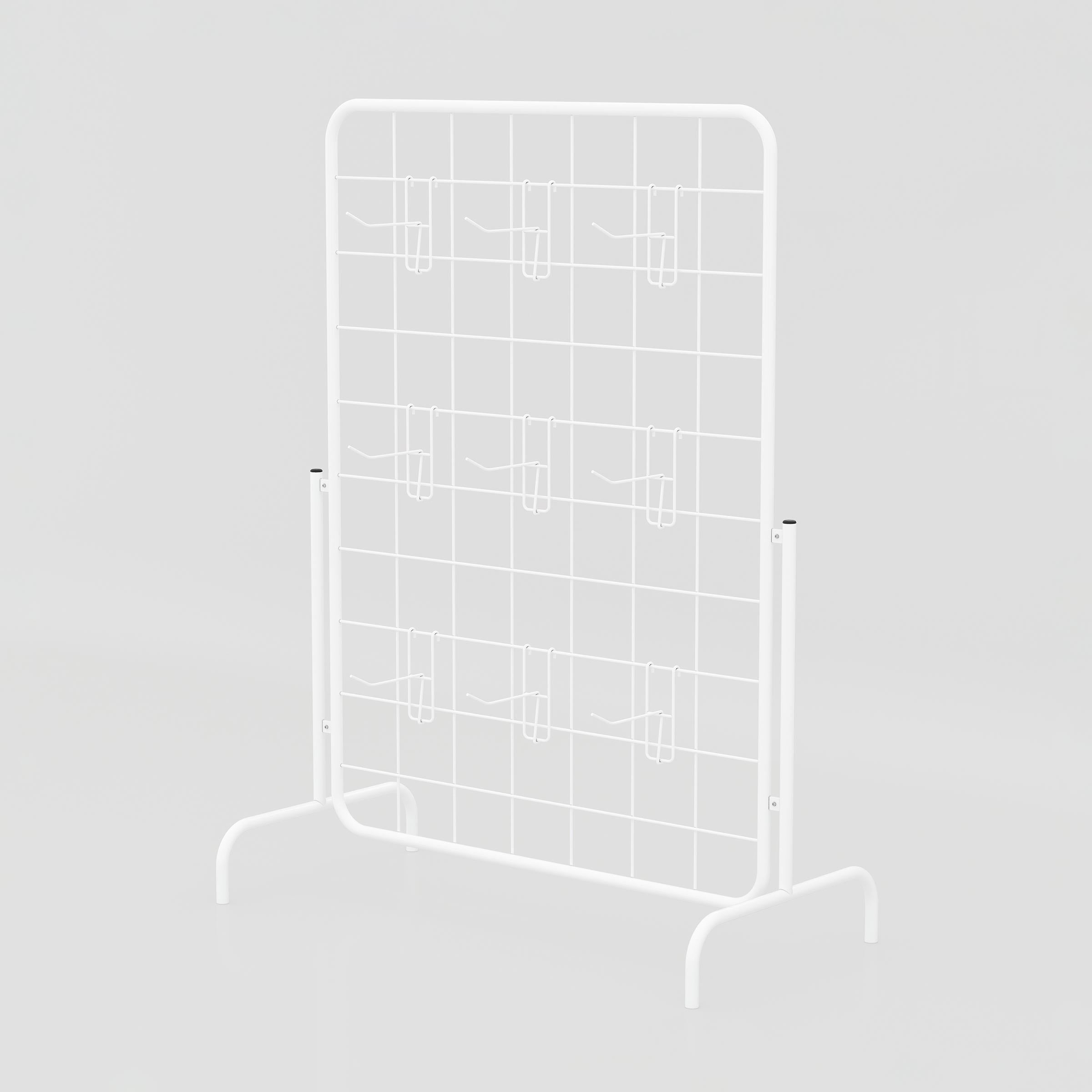 White Telor garment display stand with nine hanging hooks and a stable freestanding base for boutiques and retail showrooms.