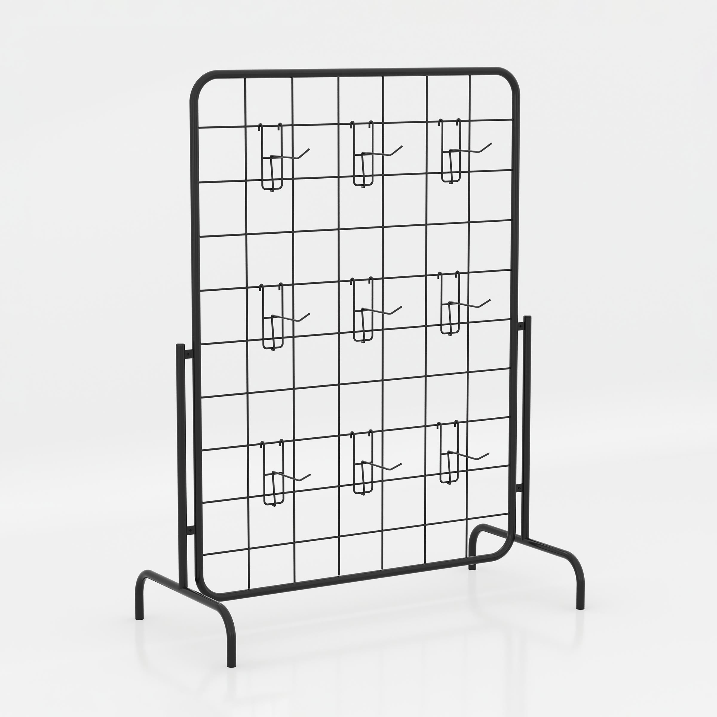 Telor metal grid display rack in black finish for showcasing garments, caps, scarves, bags and lightweight retail merchandise.
