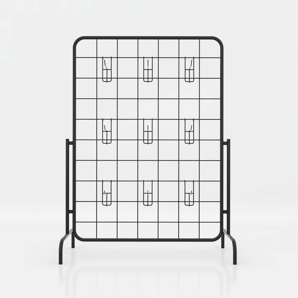 Wide Telor boutique display stand offering nine product hooks, a stable floor base and space-efficient vertical organization.
