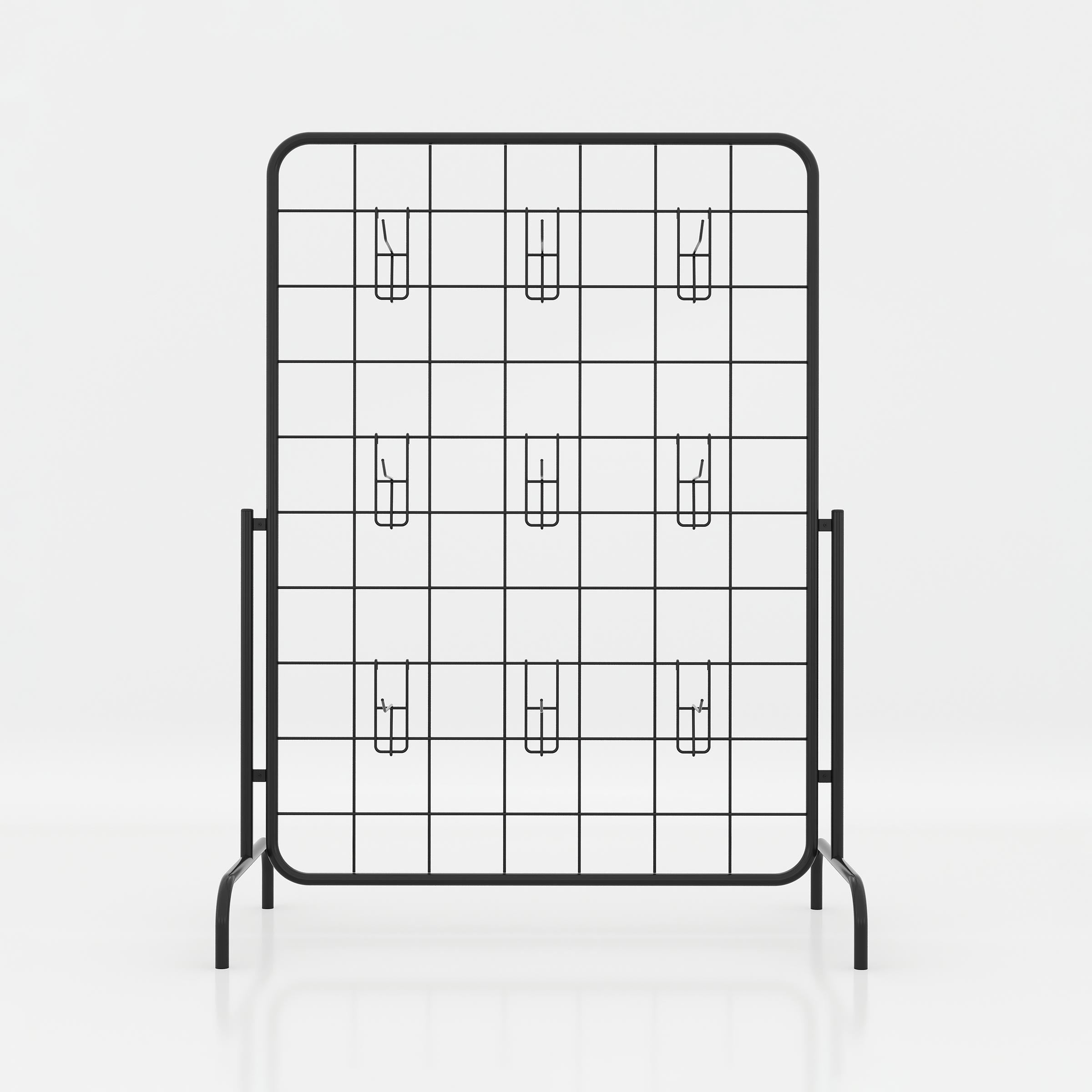 Wide Telor boutique display stand offering nine product hooks, a stable floor base and space-efficient vertical organization.