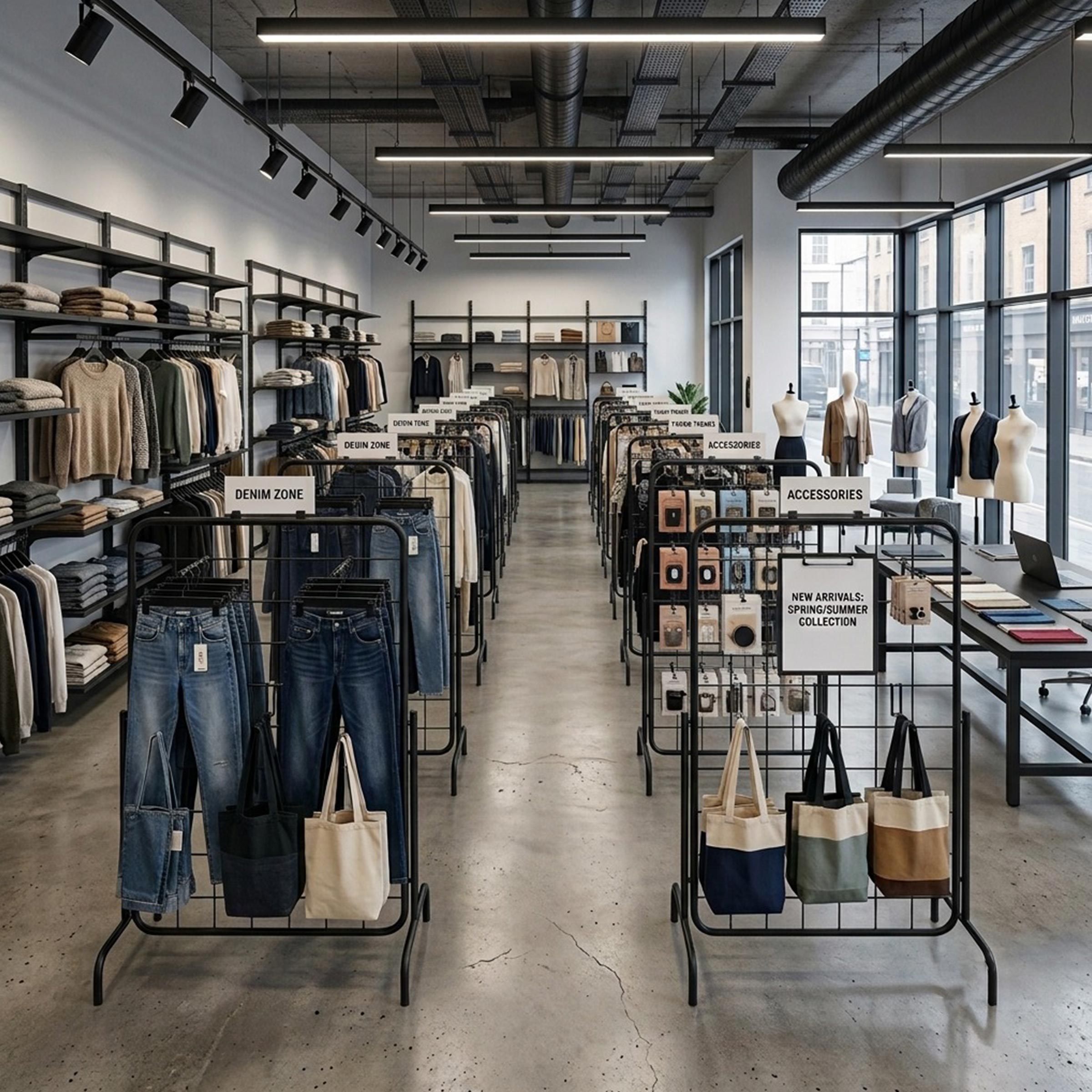 Telor metal grid display rack in black finish for showcasing garments, caps, scarves, bags and lightweight retail merchandise.